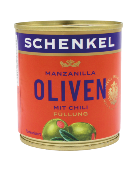 Schenkel Oliven Manzanilla gruen, mit Chili Fuellung, aus Spanien, 85 Gramm Abtropfgewicht
